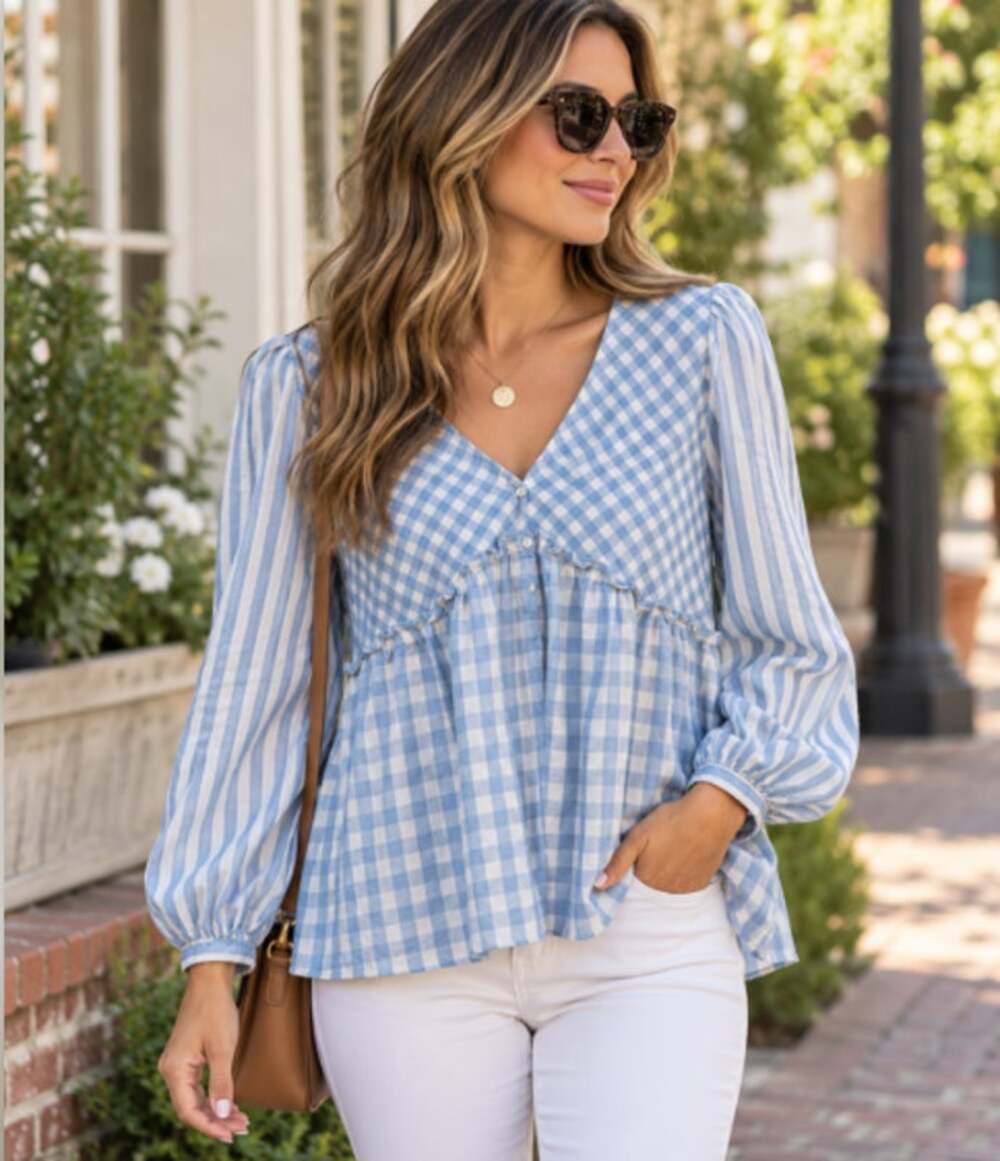 Entro Large Blue White Gingham Babydoll Blouse Top Cottagecore Farmhouse Cotton